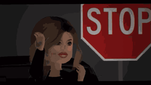 a stop sign with a cartoon woman behind it