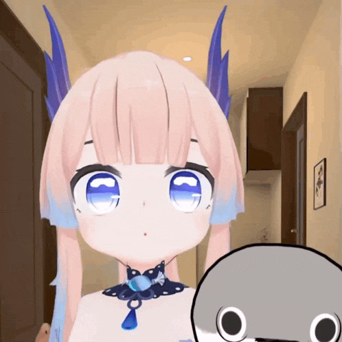 a cartoon girl with pink hair and blue eyes is standing next to a cartoon shark