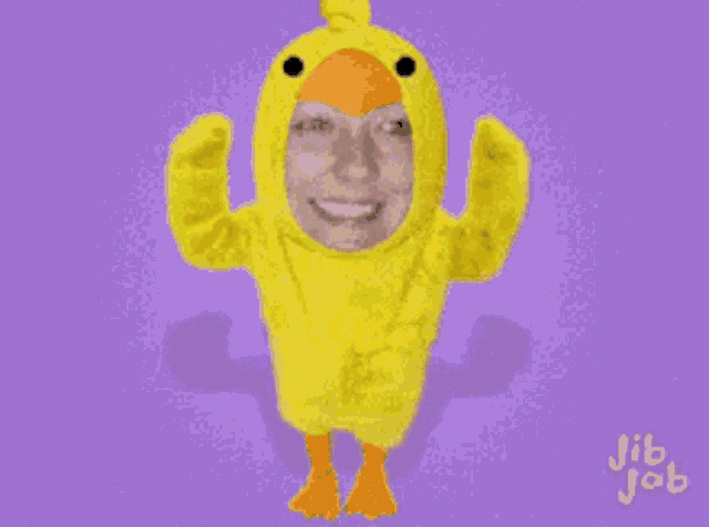 a woman in a yellow duck costume with jib jab written on the bottom right