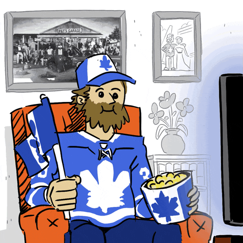 a cartoon of a man wearing a maple leaf sweater holding a popcorn bucket