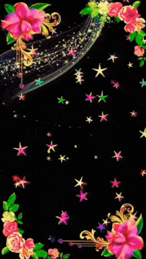 a girl in a witch hat is surrounded by pink flowers and stars