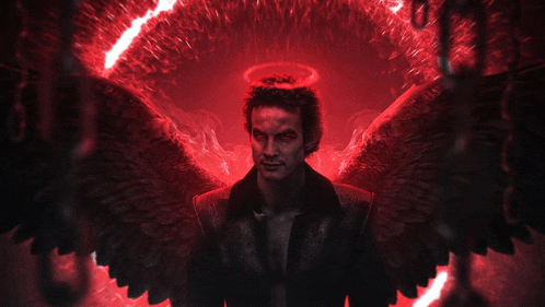 a man with wings and a halo on his head is surrounded by chains