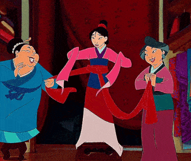 three cartoon characters are standing next to each other and one is wearing a pink dress