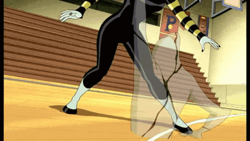 a cartoon character is dancing on a court with the letter p behind her