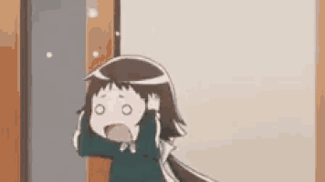 a cartoon girl is standing in front of a door with her mouth open and covering her ears .