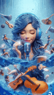 a woman wearing headphones is singing into a microphone surrounded by violins and drums