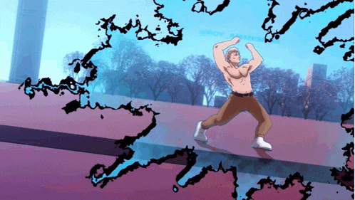a cartoon drawing of a shirtless man standing on a ledge