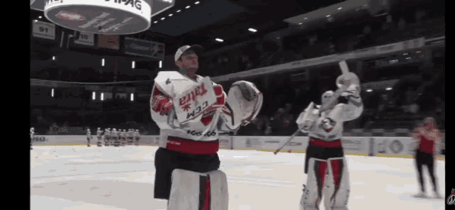 a hockey goalie wearing a glove that says ' eagles ' on it