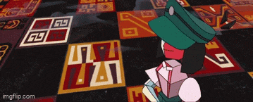 a woman in a green hat is standing in front of a carpet that says imgflip.com on the bottom