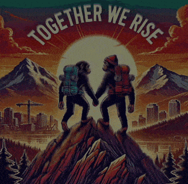 two monkeys holding hands on top of a mountain with the words together we rise below them