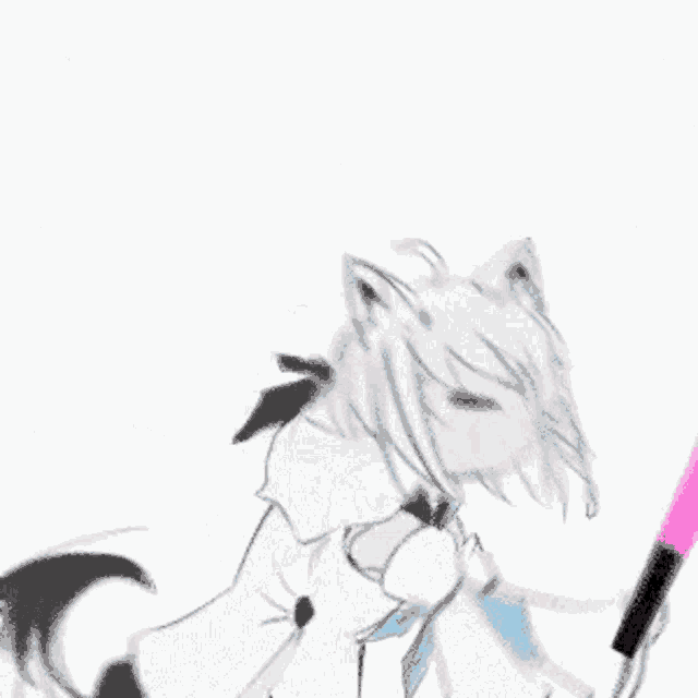 a white anime girl is holding two lightsabers in her hands .