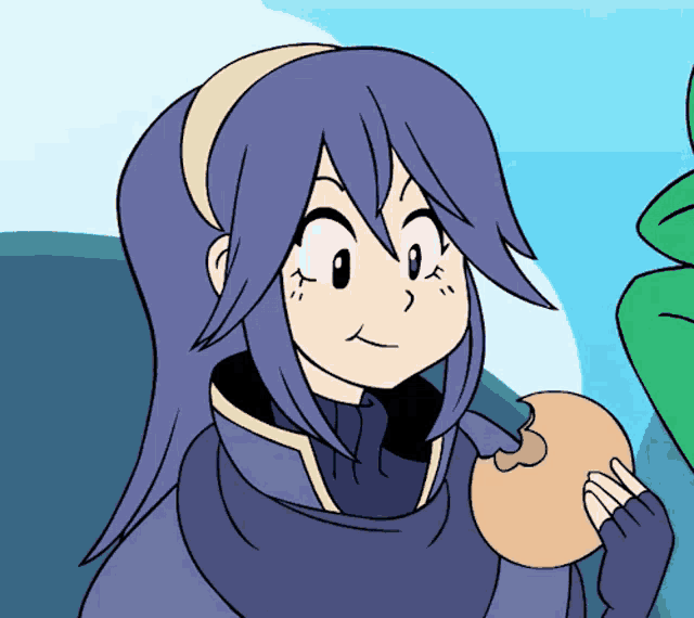a cartoon drawing of a girl with purple hair holding a bag