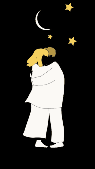 a man and a woman hugging with a crescent moon and stars behind them