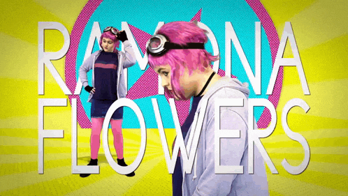 a girl with pink hair and goggles is standing in front of the words ramona flowers