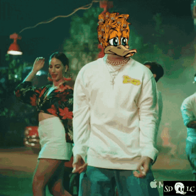 a man in a white sweatshirt with a duck on his face