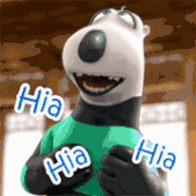 a cartoon bear is laughing and holding a sign that says hia hia