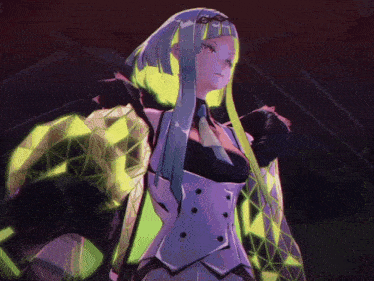 a girl with long hair and a purple and green outfit