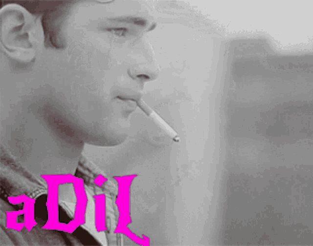 a black and white photo of a man smoking with the word dil in pink