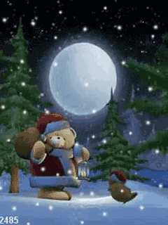 a teddy bear dressed as santa claus holding a lantern