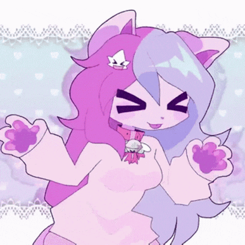 a cartoon of a girl with purple hair and a cat 's ears .
