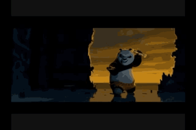 a panda bear is standing in front of a sunset
