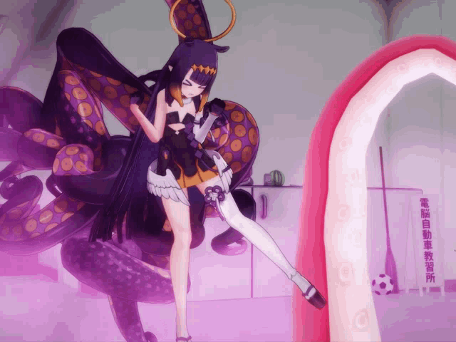 a girl with purple hair is standing next to an octopus and a soccer ball