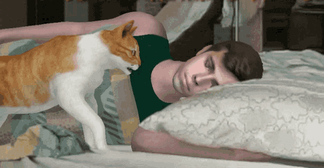 a man is laying on a bed with a cat on his head