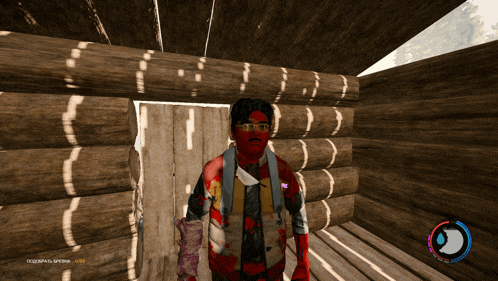 a screenshot of a video game shows a man with red paint on his face standing in front of a log cabin
