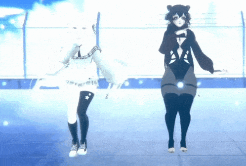 two anime girls are dancing in front of a blue background