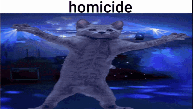 a cat with its arms outstretched in front of a blue background with the word homicide on it