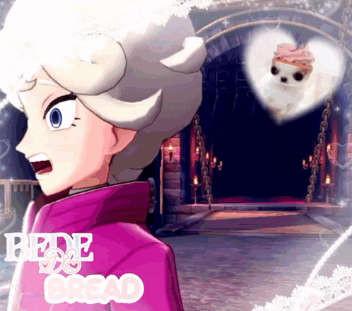 a cartoon character named queen of bread is standing in front of a doorway