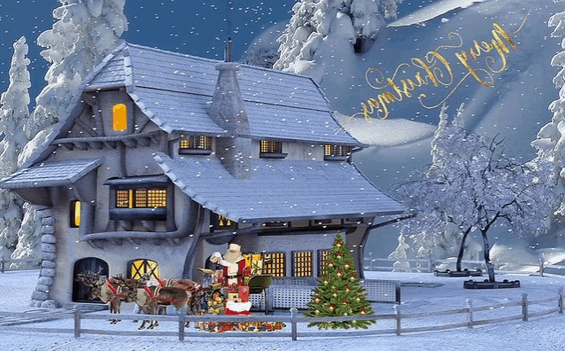 a christmas scene with santa and reindeer in front of a house and a christmas tree