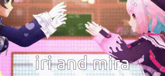 two anime characters are shaking hands with the words iri and mira written below them