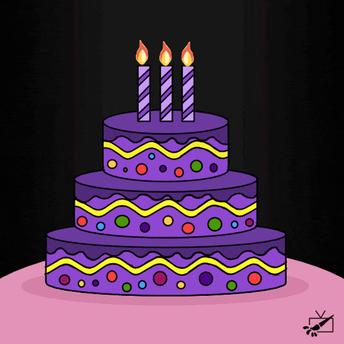a purple birthday cake with four lit candles on top