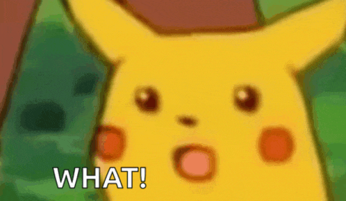 a cartoon pikachu with a surprised look on his face and the words what written below it