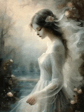 a woman in a white dress with a flower in her hair is standing in front of a body of water .