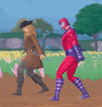 a woman in a pirate hat is standing next to a man in a red suit