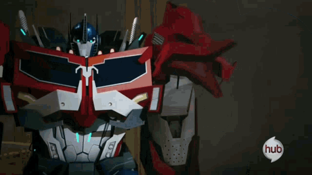 a robot with a hub logo on the bottom right