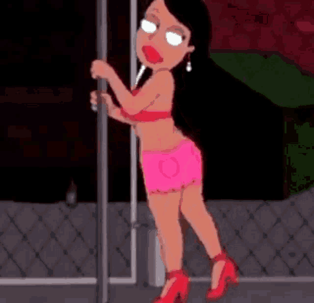 a cartoon woman is standing on a pole in a pink skirt and red heels .