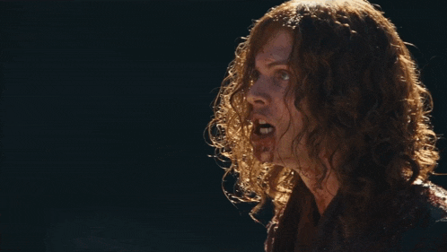 a close up of a man 's face with long hair blowing in the wind