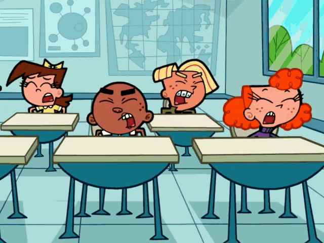 a group of children are sitting at desks in a classroom with their mouths open