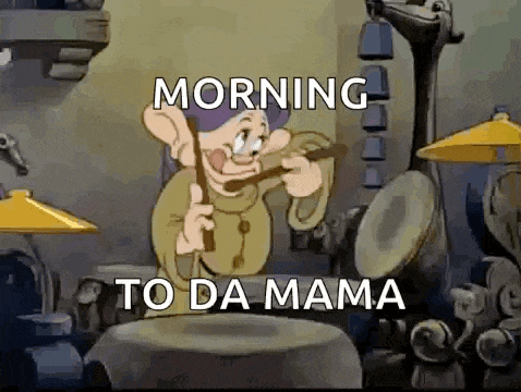 a cartoon of a dwarf playing drums with the words morning to da mama written above him .
