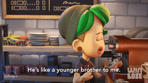 a cartoon character with green hair is talking about a younger brother