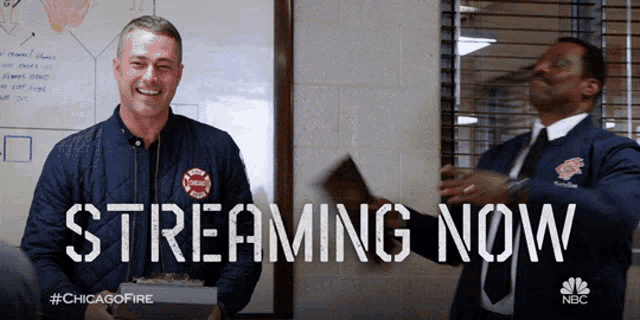 two men are standing next to each other and the words streaming now are on the screen