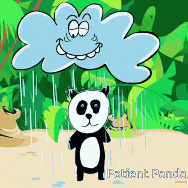 a panda bear is standing in the rain with a smiling cloud above him