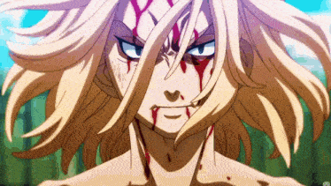 a close up of a blonde anime character with blood on his face