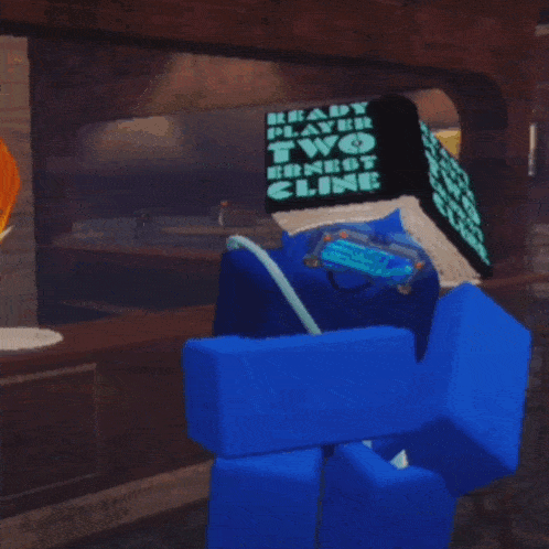 a blue cartoon character with a book on his head and a stick
