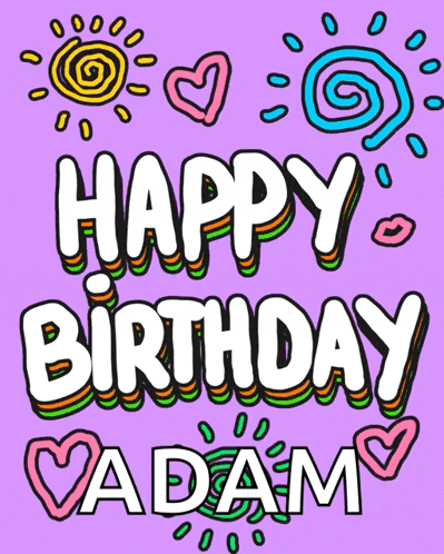 a purple background with the words happy birthday adam in white letters