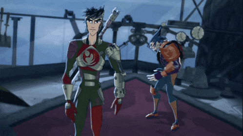 two cartoon characters are standing next to each other and one has a sword