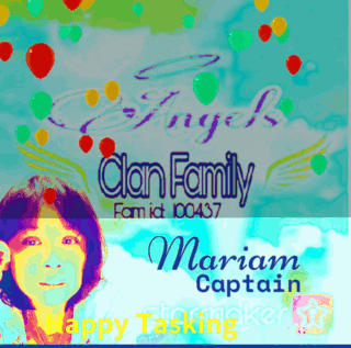 a picture of a woman with balloons and the words angels clan family and mariam captain